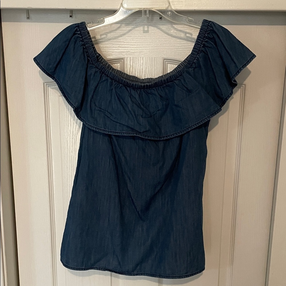 White House black market off the shoulder ruffle denim top